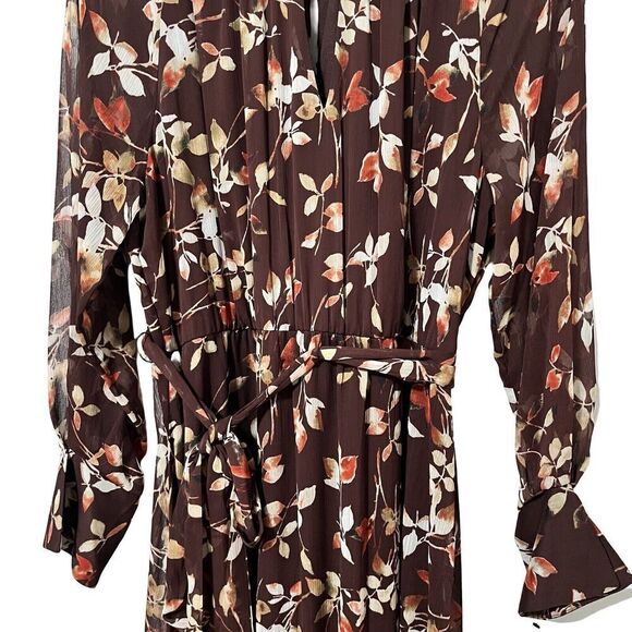 Calvin Klein Printed Round Neck Midi Chiffon Dress Size 16 Syrah Multi Belted - Picture 6 of 14